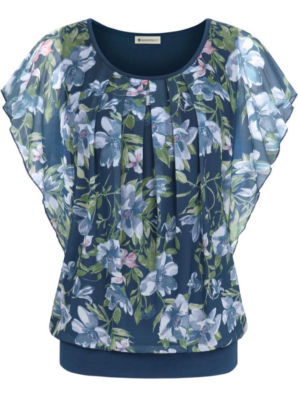 Women's Elegant Blue Floral Summer Top Flutter Short Sleeve Casual Blouses Shirt
